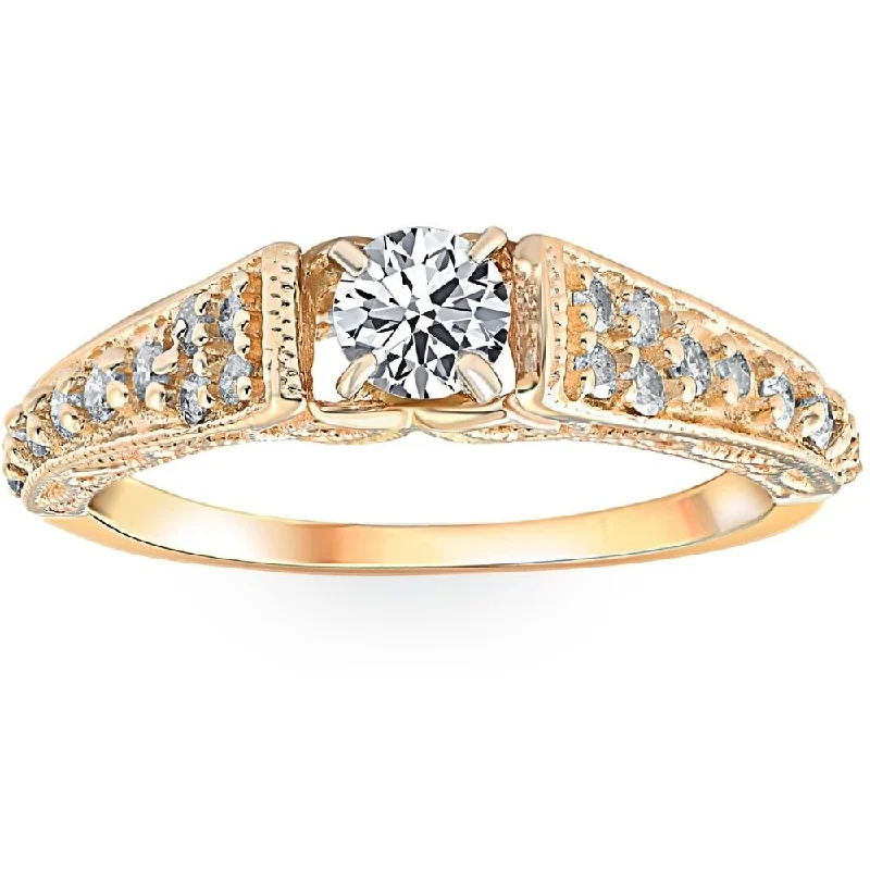 Ladies rose gold solitaire engagement rings-5/8ct Vintage Diamond Engagement Ring 14K Yellow Gold Filigree Deco Solitaire