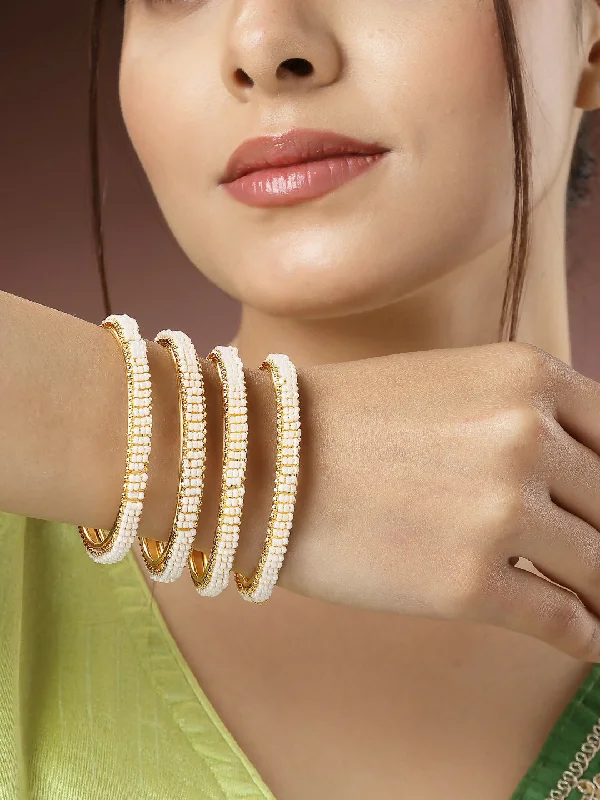 Ladies custom bracelet-NVR Women's Set of 4 Gold-Plated Pearl Handcrafted Traditional Bangles