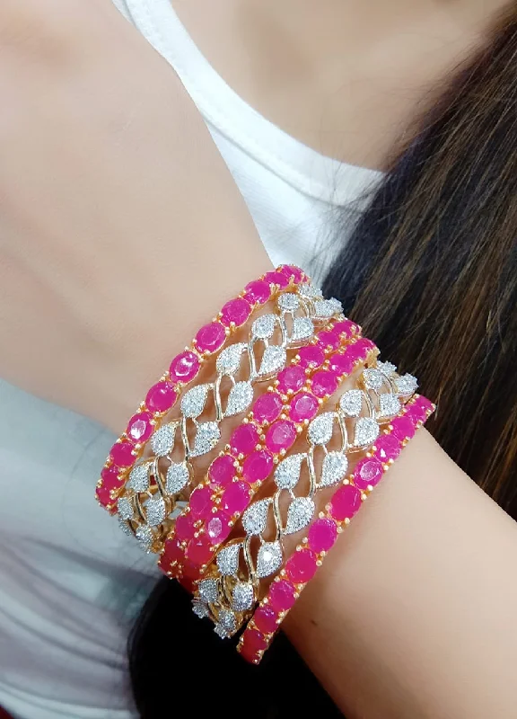 Ladies sparkly bangle-Gold-Plated Alloy American Diamond Combo Of Ruby & Silver Bangles - The Pari