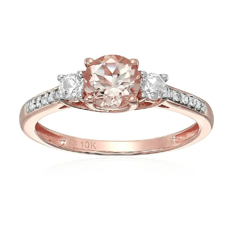 Ladies unique engagement rings-10k Rose Gold Morganite, Created White Shapphire and Diamond Accented 3-Stone Engagement Ring, Size 7