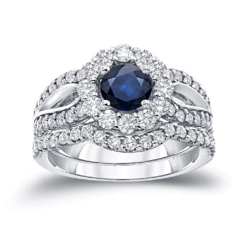 Ladies cushion cut halo engagement rings-Auriya 14k Gold 1ct Blue Sapphire and 1 1/3ctw Halo Diamond Engagement Ring Set