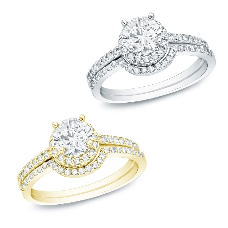 Ladies simple engagement rings-Auriya 14k Gold 1 carat TW Round Halo Diamond Engagement Ring Set