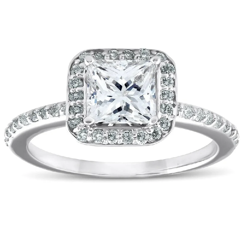 Ladies oval engagement rings-Pompeii3 14k White Gold 1 1/10 Ct TDW Princess Cut Diamond (1ct Center) Halo Engagement Ring Clarity Enhanced