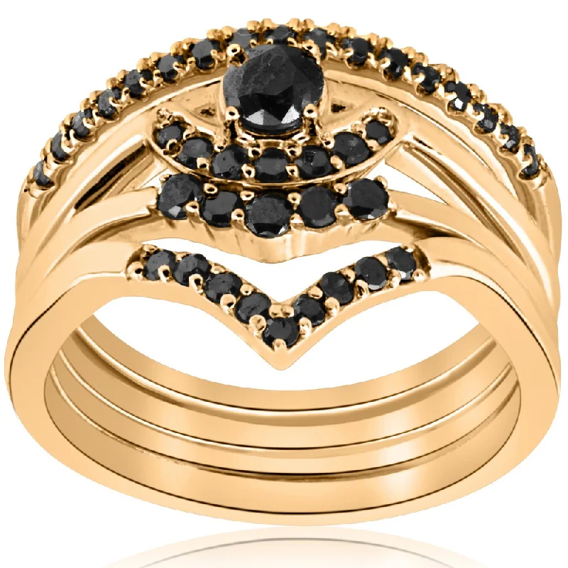 Ladies two-tone engagement rings-10K Yellow Gold 1/2ct 4-Ring Stackable Black Diamond Curved Wedding Engagement Set