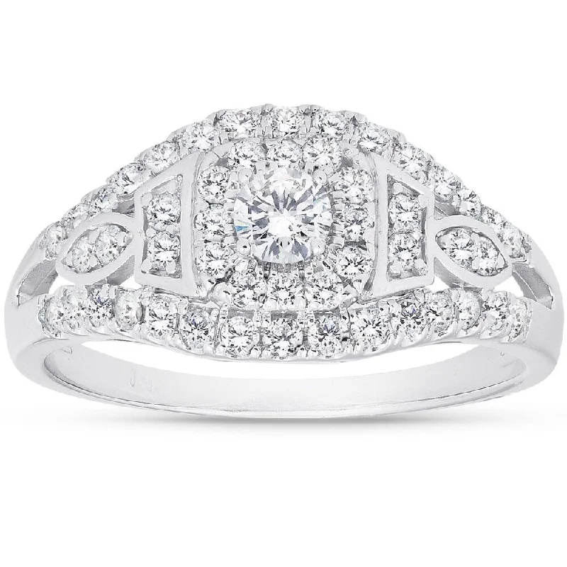 Ladies vintage engagement rings with diamonds-1 Ct Diamond Halo Multi Row Engagement Ring 10k White Gold