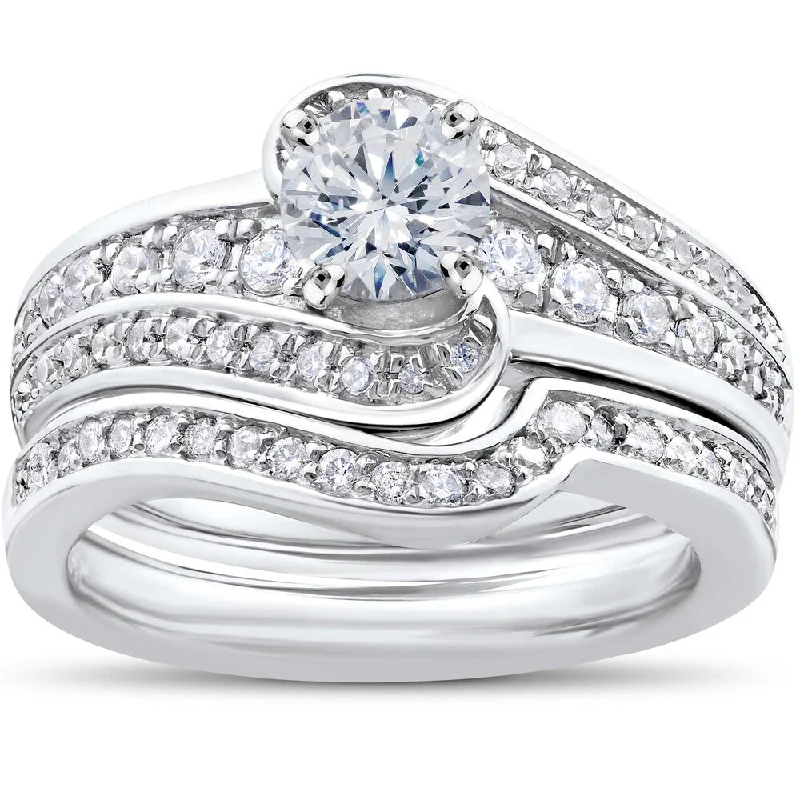 Ladies diamond band engagement rings-14K White Gold 1 ct TDW Diamond Engagement Ring Matching Wedding Band Set