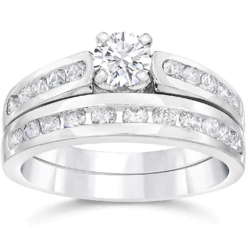 Ladies engagement rings with side stones-14k White Gold 1 3/8ct TDW Diamond Engagement Wedding Ring Set