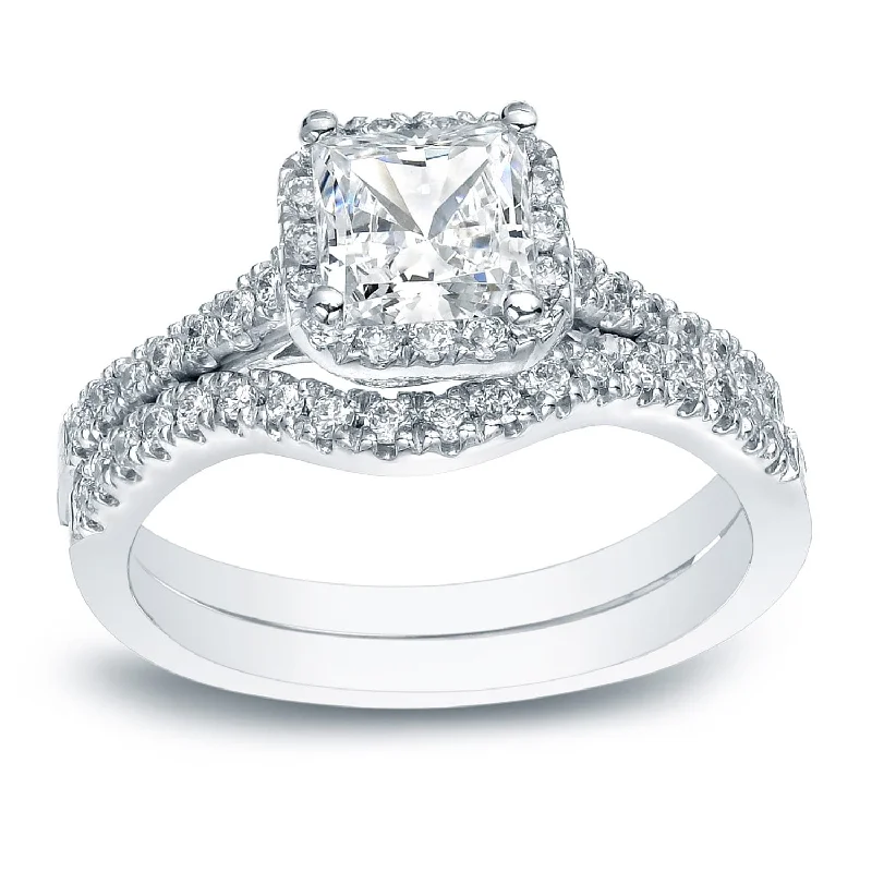 Ladies stackable engagement rings-Auriya Platinum 1 1/5ctw Princess-cut Halo Diamond Engagement Ring Set