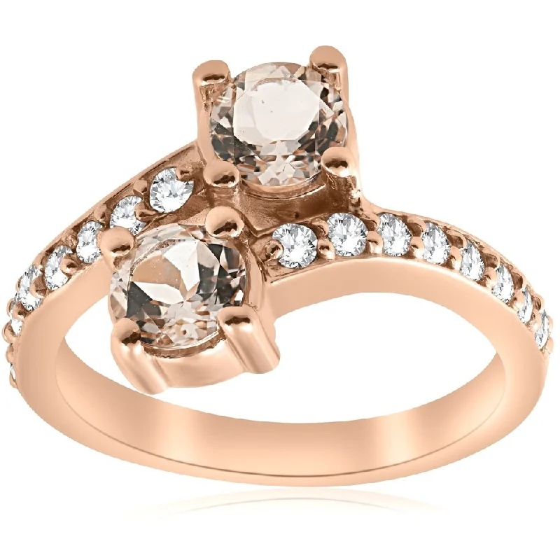 Ladies wedding and engagement rings sets-Pompeii3 14K Rose Gold 1 1/2 ct TDW Diamond Two Stone Morganite Engagement Ring - White