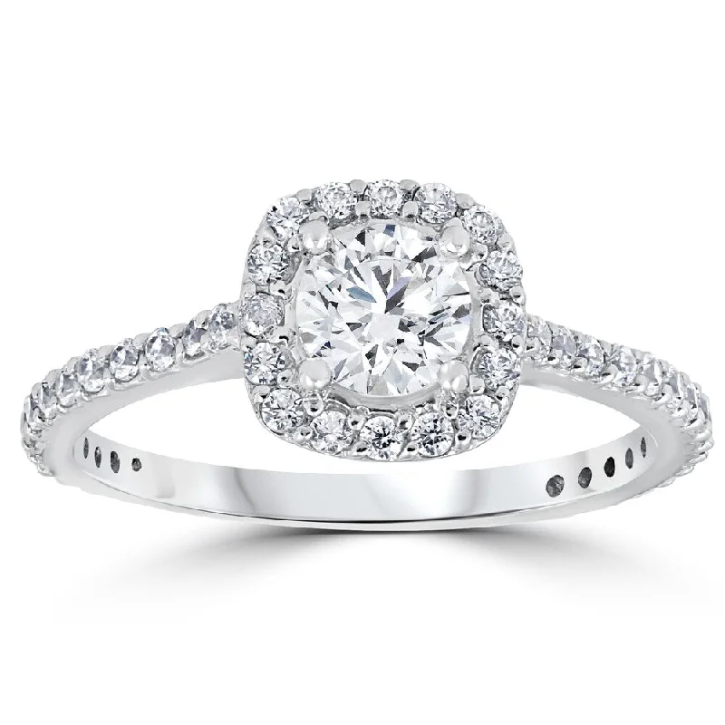 Ladies cushion cut engagement rings-14k White Gold 1 1/5 ct TDW Round Diamond Cushion Halo Engagement Ring