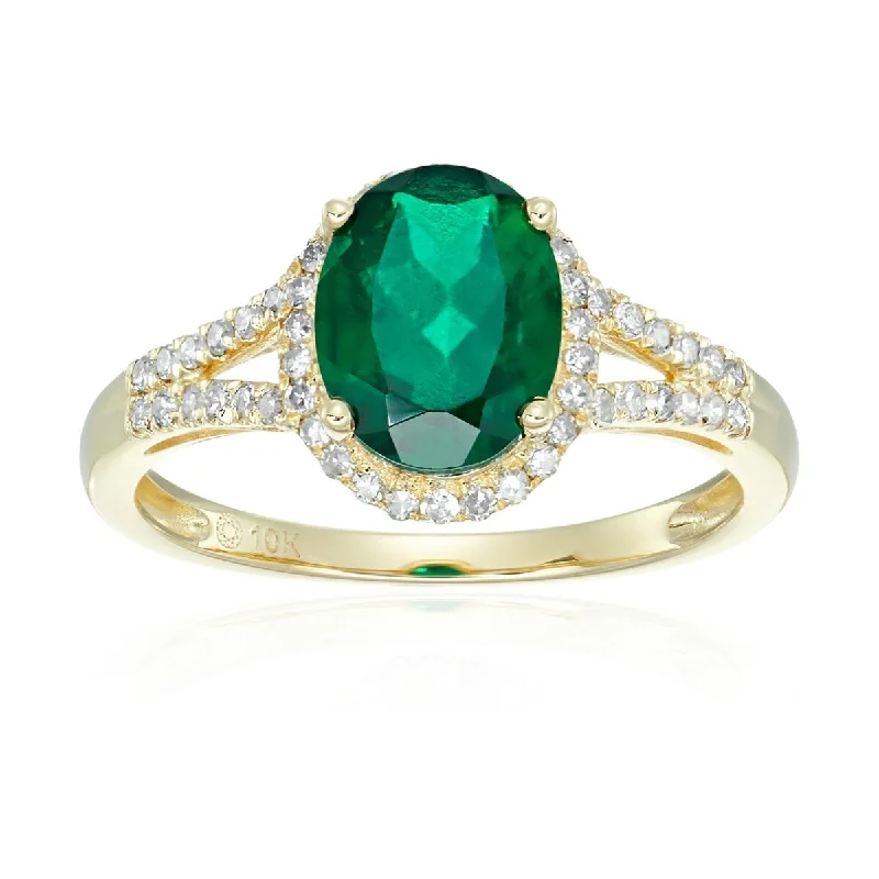 Ladies custom designed engagement rings-10k Yellow Gold Created Emerald and Diamond Oval Halo Engagement Ring, Size 7