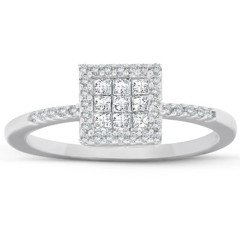 Ladies yellow gold engagement rings-3/8 Ct Princess Cut Diamond Halo Engagement Ring 10k White Gold