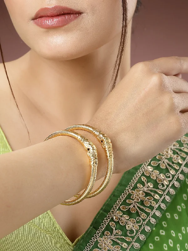 Ladies stackable bracelets-NVR Women's Set of 2 Gold-Plated Handcrafted Traditional Bangles