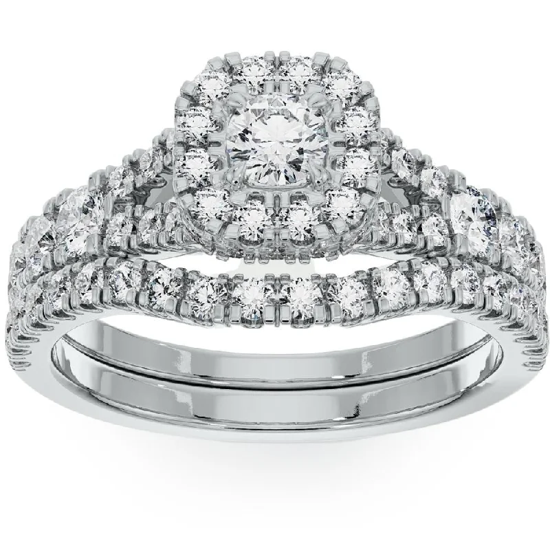 Ladies platinum solitaire engagement rings-1 1/4Ct Cushion Halo Diamond Engagement Wedding Ring Set in White or Yellow Gold