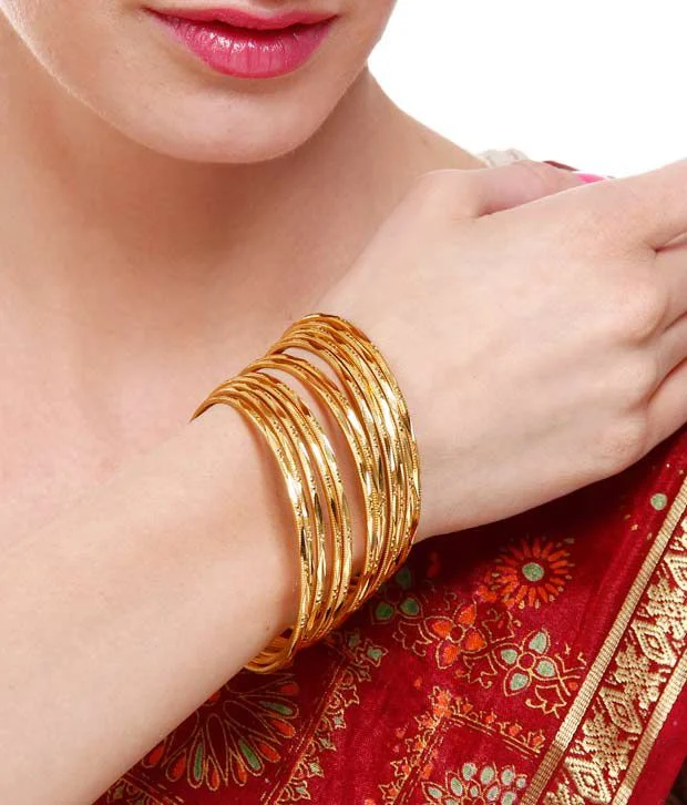 Ladies sapphire bracelet-Gold-Plated Alloy Set Of 12 Thin Gold Plated Bangles - The Pari