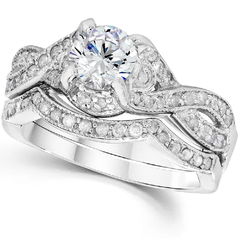 Ladies engagement rings with side stones-14k White Gold 1 1/2 ct TDW Diamond Engagement Wedding Ring Set