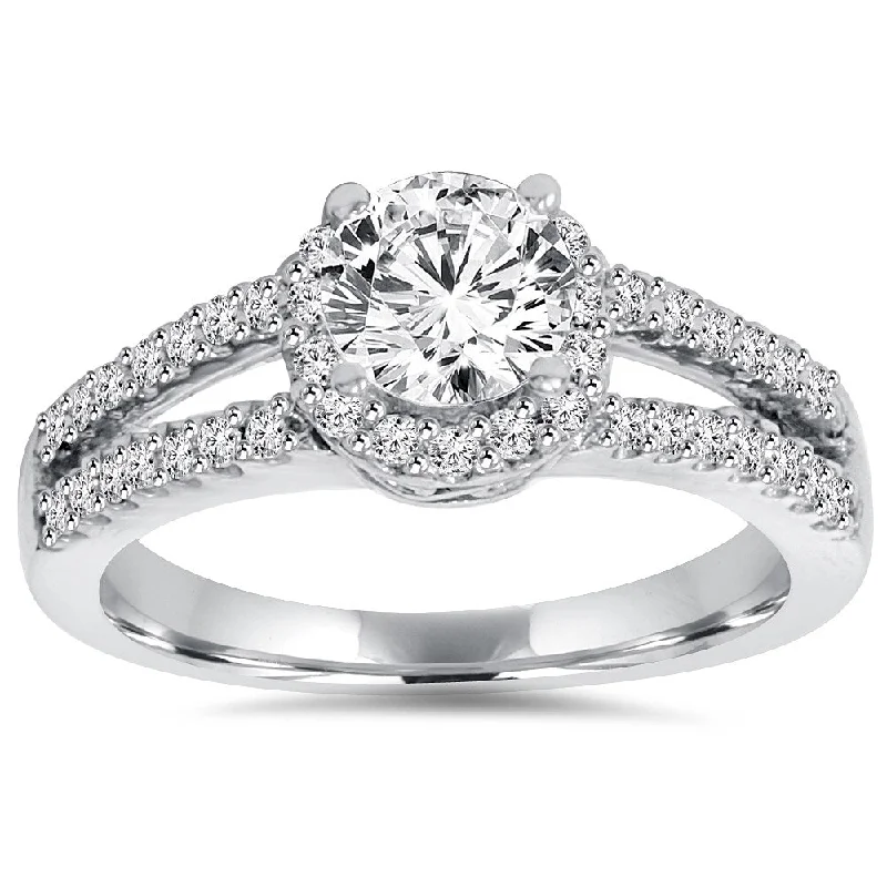 Ladies solitaire diamond engagement rings-14k White Gold 1 ct TDW Lab-Grown Diamond Halo Engagement Ring