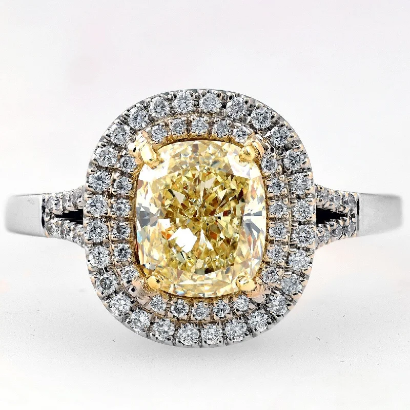 Ladies cushion halo engagement rings-2.36Ct Fancy Light Yellow Cushion Diamond Double Halo EGL Certified Engagement Ring 18k White Gold - White G-H