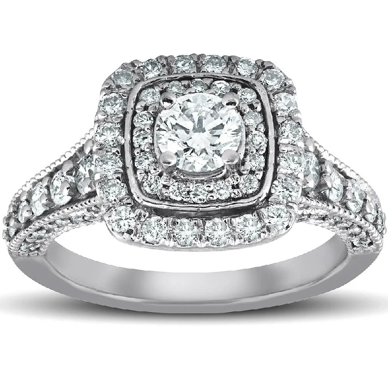 Ladies simple diamond engagement rings-Pompeii3 14k White Gold 1 Ct TDW Cushion Halo Diamond Engagement Ring (SI1/G-H)