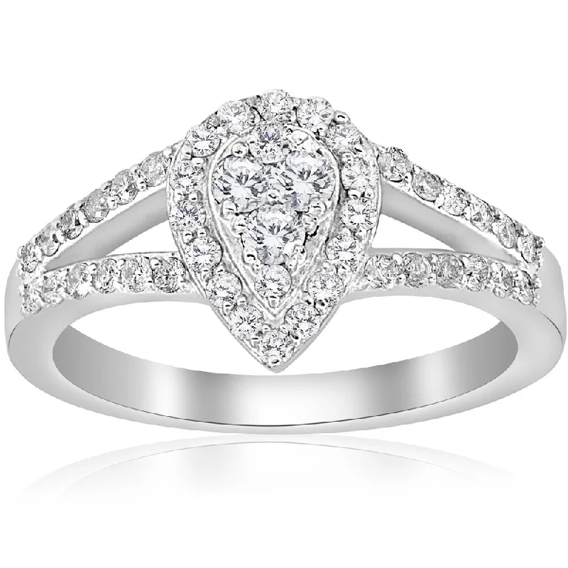 Ladies solitaire engagement rings-10K White Gold 1/2 ct Dimond Pear Shape Framed Halo Split Shank Engagement Ring (I-J,I2-I3)