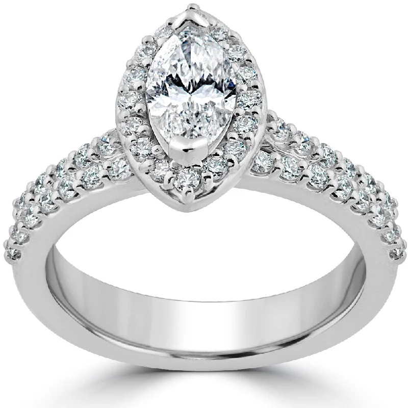 Ladies vintage engagement rings with diamonds-14k White Gold 1 1/2ct TDW Marquise Halo Clarity Enhanced Diamond Engagement Wedding Ring Set - White H-I - White H-I