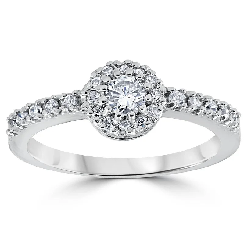 Ladies custom designed engagement rings-5/8ct Pave Halo Lab Created Diamond Engagement Ring 14K White Gold