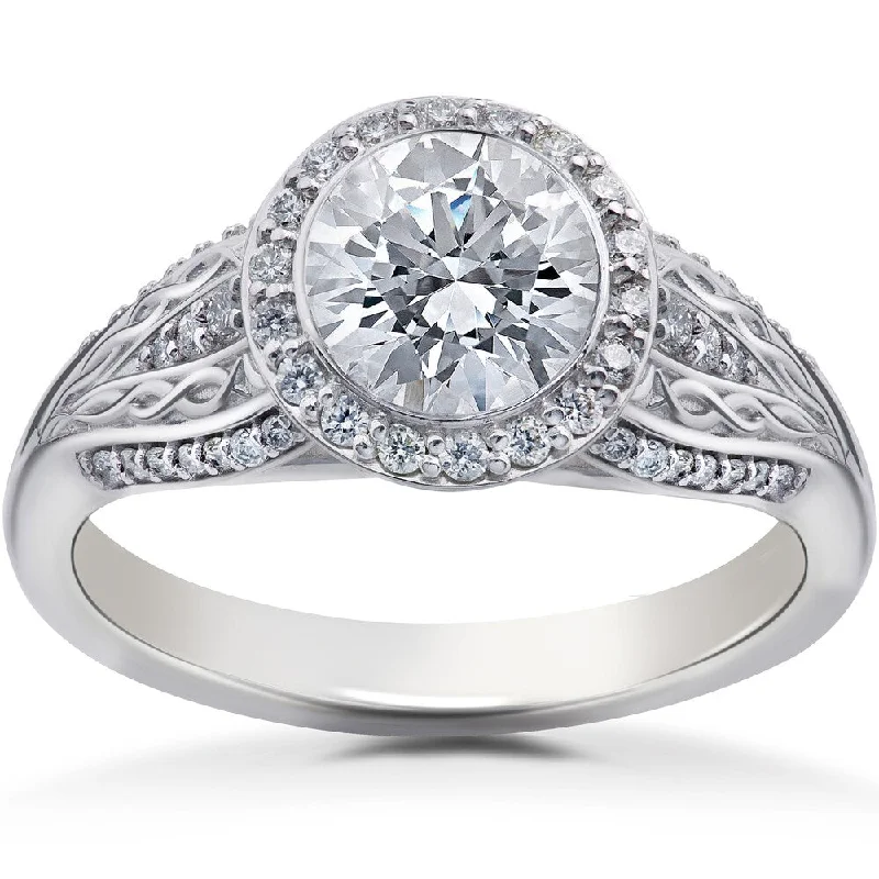 Ladies wedding engagement rings-14k White Gold 3/4 ct TDW Lab Grown Eco Friendly Diamond Vintage Halo Engagement Ring