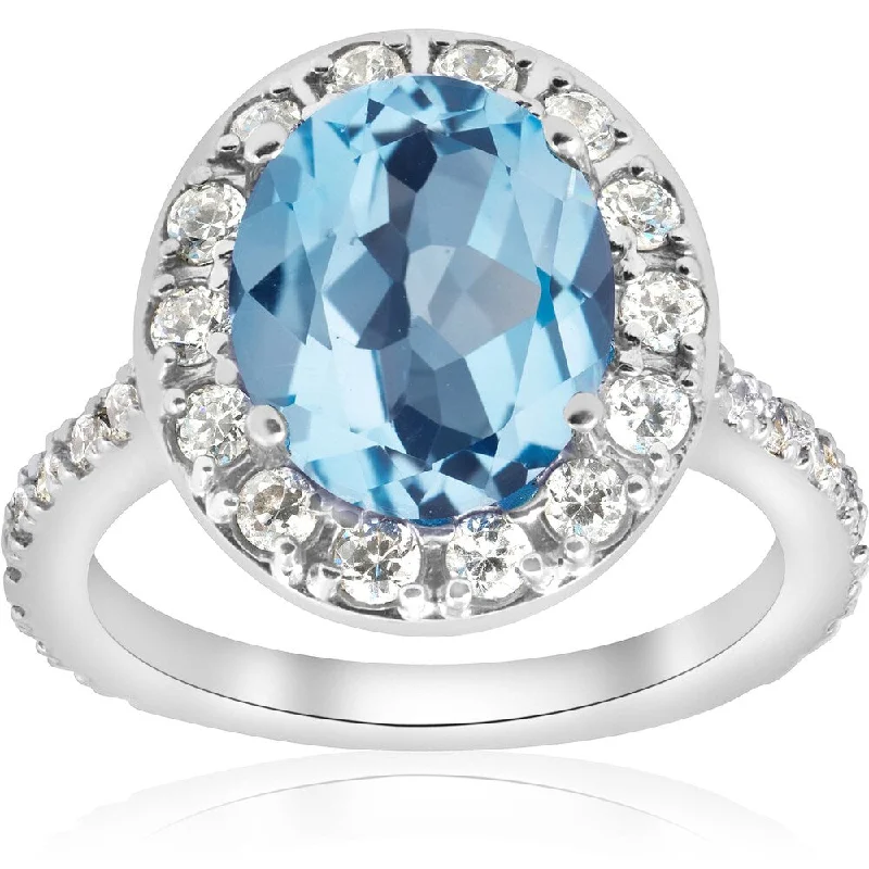 Ladies vintage diamond engagement rings-14k White Gold 4 cttw Blue Topaz Diamond Halo Vintage Ring Engagement (I-J,I2-I3)