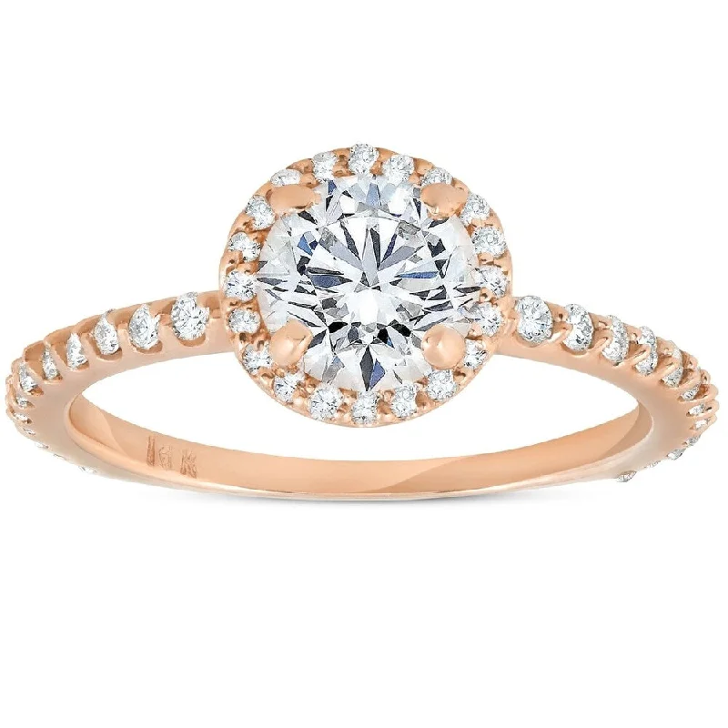 Ladies rose gold solitaire engagement rings-Pompeii3 14K Rose Gold 1 ct TDW Diamond Engagement Halo Ring - White