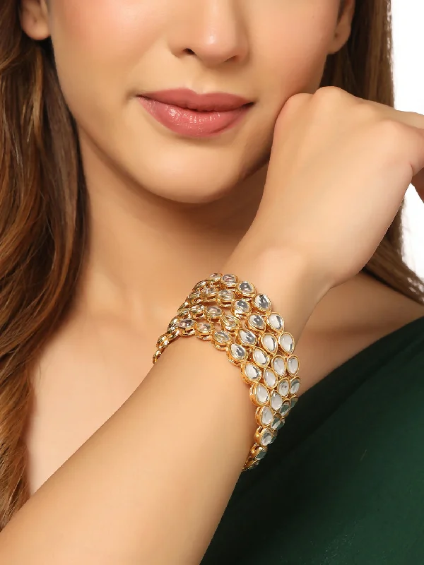 Ladies gold cuff bracelet-NVR Women's Set of 4 Gold-Plated Kundan Studded Traditional Bangles