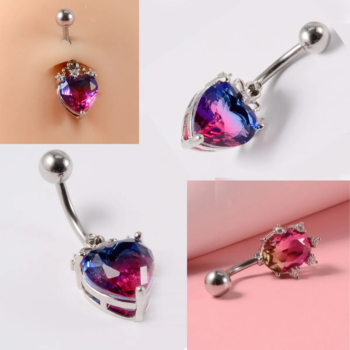 Ladies double band ring-Fashion Heart Shape Stainless Steel Inlay Zircon Belly Ring